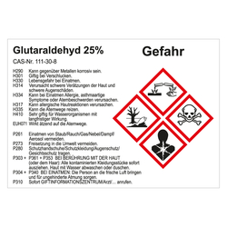GHS Gefahrstoffetikett Glutaraldehyd 25%, für interne Verwendung, Folie, 105 x 74 mm, 500 Stück/Rolle
