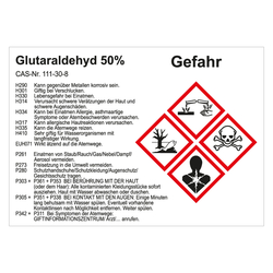 GHS Gefahrstoffetikett Glutaraldehyd 50%, für interne Verwendung, in verschiedenen Ausführungen