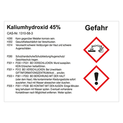 GHS Gefahrstoffetikett Kaliumhydroxid 45%, für interne Verwendung, in verschiedenen Ausführungen