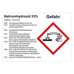 GHS Gefahrstoffetikett Natriumhydroxid 33%, für interne Verwendung, in verschiedenen Ausführungen