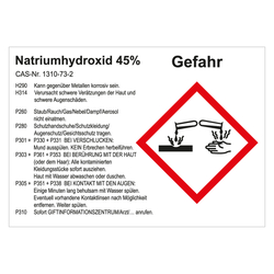 GHS Gefahrstoffetikett Natriumhydroxid 45%, für interne Verwendung, in verschiedenen Ausführungen