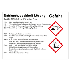 GHS Gefahrstoffetikett Natriumhypochlorit-Lösung, für interne Verwendung, in verschiedenen Ausführungen