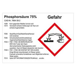 GHS Gefahrstoffetikett Phosphorsäure 75%, für interne Verwendung, in verschiedenen Ausführungen