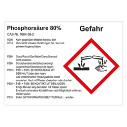 GHS Gefahrstoffetikett Phosphorsäure 80%, für interne Verwendung, in verschiedenen Ausführungen