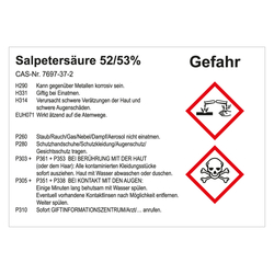 GHS Gefahrstoffetikett Salpetersäure 52/53%, für interne Verwendung, in verschiedenen Ausführungen