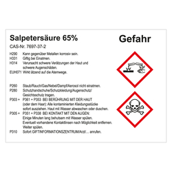 GHS Gefahrstoffetikett Salpetersäure 65%, für interne Verwendung, in verschiedenen Ausführungen