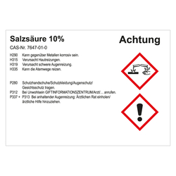 GHS Gefahrstoffetikett Salzsäure 10%, für interne Verwendung, in verschiedenen Ausführungen