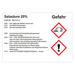 GHS Gefahrstoffetikett Salzsäure 25%, für interne Verwendung, in verschiedenen Ausführungen