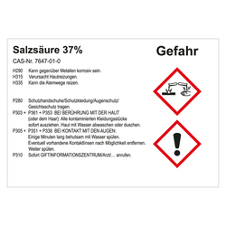 GHS Gefahrstoffetikett Salzsäure 37%, für interne Verwendung, in verschiedenen Ausführungen