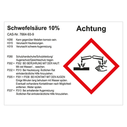 GHS Gefahrstoffetikett Schwefelsäure 10%, für interne Verwendung, in verschiedenen Ausführungen