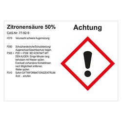 GHS Gefahrstoffetikett Zitronensäure 50%, für interne Verwendung, in verschiedenen Ausführungen