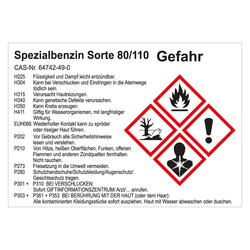 GHS Gefahrstoffetikett Spezialbenzin Sorte 80/110, für interne Verwendung, in verschiedenen Ausführungen