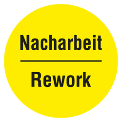 Qualitätsaufkleber Nacharbeit Rework, Gelb, Ø 35 mm, Rund