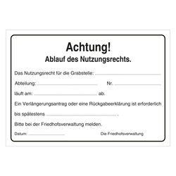 Grabstein Aufkleber "Achtung! Ablauf Nutzungsrecht, Verlängerung, Rückgabeerklärung" in verschiedenen Ausführungen