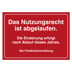 Grabstein Aufkleber "Nutzungsrecht abgelaufen, Einebnung dieses Jahr" in verschiedenen Ausführungen