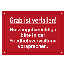 Grabstein Aufkleber "Grab verfallen, Vorsprache bei Friedhofsverwaltung" in verschiedenen Ausführungen