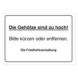 Grabstein Aufkleber "Gehölze zu hoch, kürzen oder entfernen" in verschiedenen Ausführungen