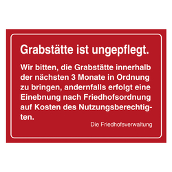 Grabstein Aufkleber "Grabstätte ungepflegt, Frist 3 Monate" in verschiedenen Ausführungen