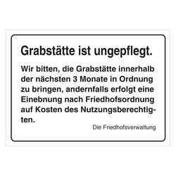 Grabstein Aufkleber "Grabstätte ungepflegt, Frist 3 Monate" in verschiedenen Ausführungen