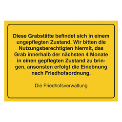 Grabstein Aufkleber "Grabstelle ist ungepflegt, pflegen, Frist 4 Monate" in verschiedenen Ausführungen