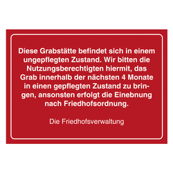 Grabstein Aufkleber "Grabstelle ist ungepflegt, pflegen, Frist 4 Monate" in verschiedenen Ausführungen