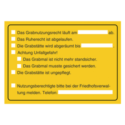 Grabstein Aufkleber "Nutzungsrecht, Ruherecht, Grabstelle ungepflegt, Unfallgefahr" in verschiedenen Ausführungen