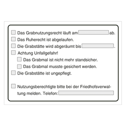 Grabstein Aufkleber "Nutzungsrecht, Ruherecht, Grabstelle ungepflegt, Unfallgefahr" in verschiedenen Ausführungen