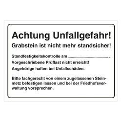 Grabstein Aufkleber "Unfallgefahr Grabstein Standfestigkeit" in verschiedenen Ausführungen