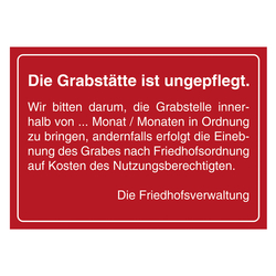 Grabstein Aufkleber "Grabstätte ist ungepflegt, Frist frei wählbar" in verschiedenen Ausführungen