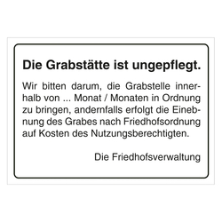 Grabstein Aufkleber "Grabstätte ist ungepflegt, Frist frei wählbar" in verschiedenen Ausführungen