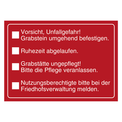 Grabstein Aufkleber "Unfallgefahr, Ruhezeit, Pflege, Meldung" in verschiedenen Ausführungen