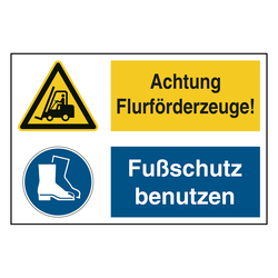 Hinweisaufkleber Ladezone "Achtung Flurförderzeuge! / Fußschutz benutzen" mit Symbolen nach ASR A1.3, DIN EN ISO 7010