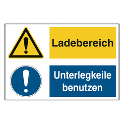 Hinweisaufkleber Ladezone "Ladebereich / Unterlegkeile benutzen" mit Symbolen nach ASR A1.3, DIN EN ISO 7010 