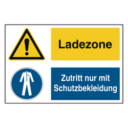 Hinweisaufkleber Ladezone "Ladezone / Zutritt nur mit Schutzbekleidung" mit Symbolen nach ASR A1.3, DIN EN ISO 7010 