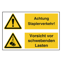 Hinweisaufkleber Ladezone "Achtung Staplerverkehr! / Vorsicht vor schwebenden Lasten" mit Symbolen nach ASR A1.3, DIN EN ISO 7010 