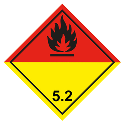 Gefahrzettel, Gefahrgutaufkleber Klasse 5.2 Organische Peroxide, Flamme Schwarz, Folie, 100 x 100 mm, 500 Stück/Rolle