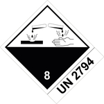 Gefahrzettel, Gefahrgutaufkleber Klasse 8 Ätzende Stoffe mit UN 2794, Folie, 100 x 120 mm, 500 Stück/Rolle
