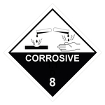 Gefahrzettel, Gefahrgutaufkleber Klasse 8 Ätzende Stoffe mit Zusatztext CORROSIVE, in verschiedenen Größen und Materialien