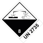 Gefahrzettel, Gefahrgutaufkleber Klasse 8 Ätzende Stoffe mit UN 2735, Folie, 100 x 120 mm, 500 Stück/Rolle