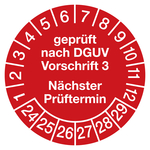 Prüfplaketten rot Ø 30 mm "geprüft nach DGUV Vorschrift 3 Nächster Prüftermin" 10 Stück/Bogen