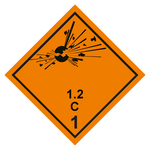 Gefahrzettel, Gefahrgutaufkleber Klasse 1.2 C Explosive Stoffe, Folie, 100 x 100 mm, 500 Stück/Rolle