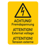 Hinweisschild Kombischild "Achtung! Fremdspannung" 3-sprachig Folie 74 x 105 mm Einzeletikett