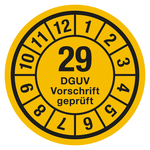 Jahresprüfplaketten gelb Ø 35 mm "DGUV Vorschrift geprüft" Jahr 2029 aus Dokumentenfolie 10 Stück/Bogen