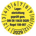 Prüfplaketten Ø 30 mm "geprüft gem. DIN EN 15635 DGUV Regel 108-007 Nächster Prüftermin" 2029 aus PVC-Folie 10 Stück/Bogen