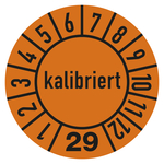 Jahresprüfplaketten orange Ø 10 mm "kalibriert" Jahr 2029 aus PVC-Folie 10 Stück/Bogen