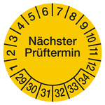 Prüfplaketten Ø 30 mm "Nächster Prüftermin" gelb 2029 - 2034 aus PVC-Folie 10 Stück/Bogen