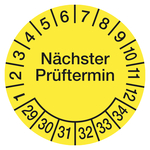 Prüfplaketten gelb Ø 15 mm "Nächster Prüftermin" 2029 - 2034 aus Dokumentenfolie 10 Stück/Bogen