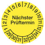 Prüfplaketten gelb Ø 30 mm "Nächster Prüftermin" 2029 - 2034 aus Dokumentenfolie 10 Stück/Bogen