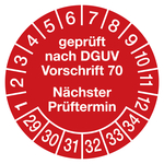 Prüfplaketten rot Ø 30 mm "geprüft nach DGUV Vorschrift 70 Nächster Prüftermin" 2029 aus PVC-Folie 10 Stück/Bogen