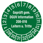 Prüfplaketten grün Ø 30 mm "Geprüft gem. DGUV Information 208-016 Leitern u. Tritte" 2029 aus Folie 10 Stück/Bogen